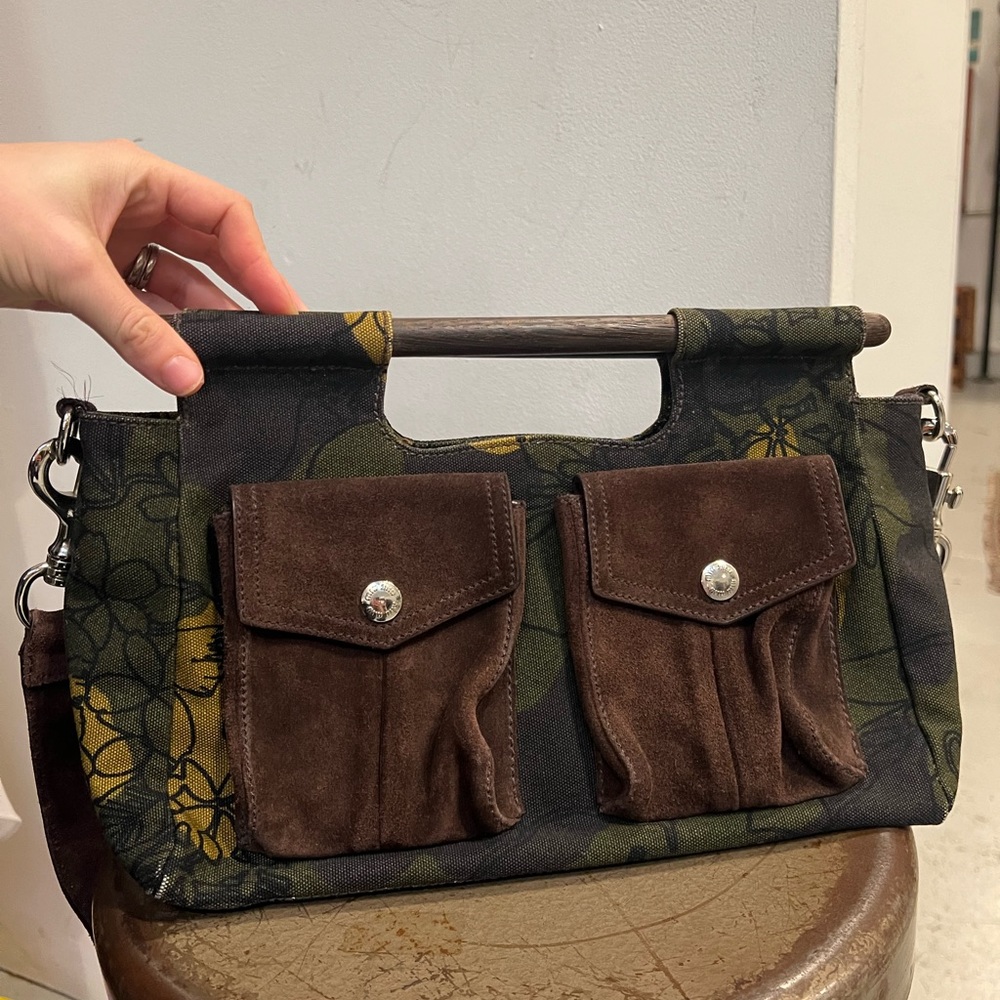 2000s vintage miu miu green leaves bag with suede strap